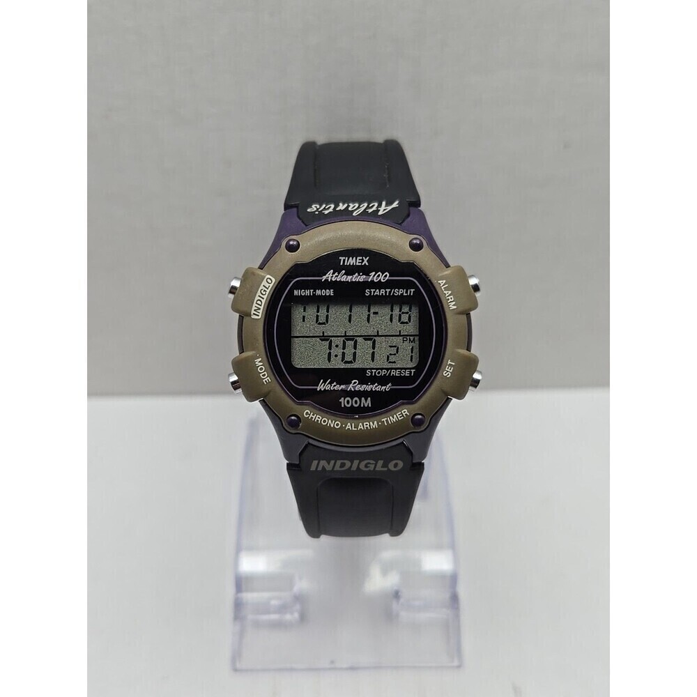 Vintage Timex Atlantis 100 Indiglo Digital Watch Purple Green 100M New Battery